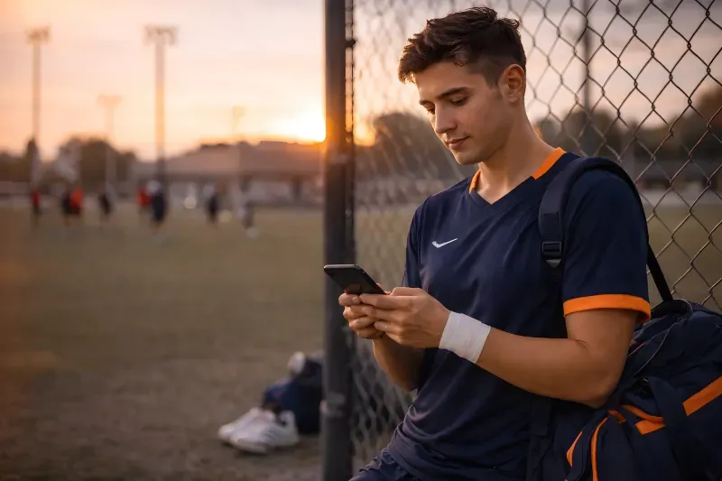Athlete reviewing opportunities on phone at sunset