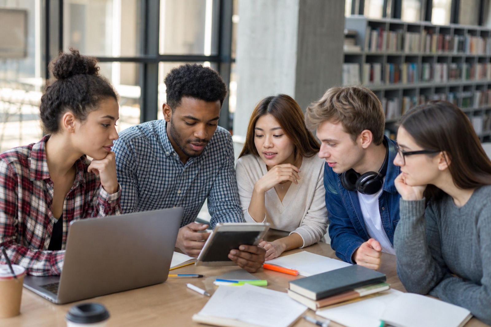 University students collaborating around a tablet and laptop in a library